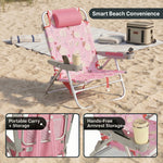 Two reclining backpack beach chairs on the beach highlighting the 5-position recline, the side storage pocket holding keys and a phone, and the padded neck pillow