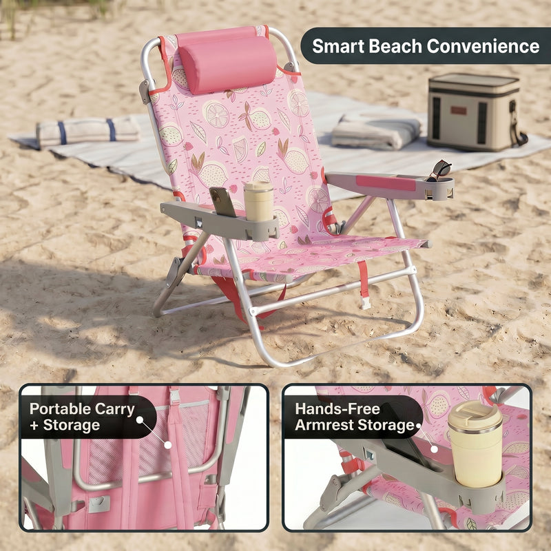 Two reclining backpack beach chairs on the beach highlighting the 5-position recline, the side storage pocket holding keys and a phone, and the padded neck pillow