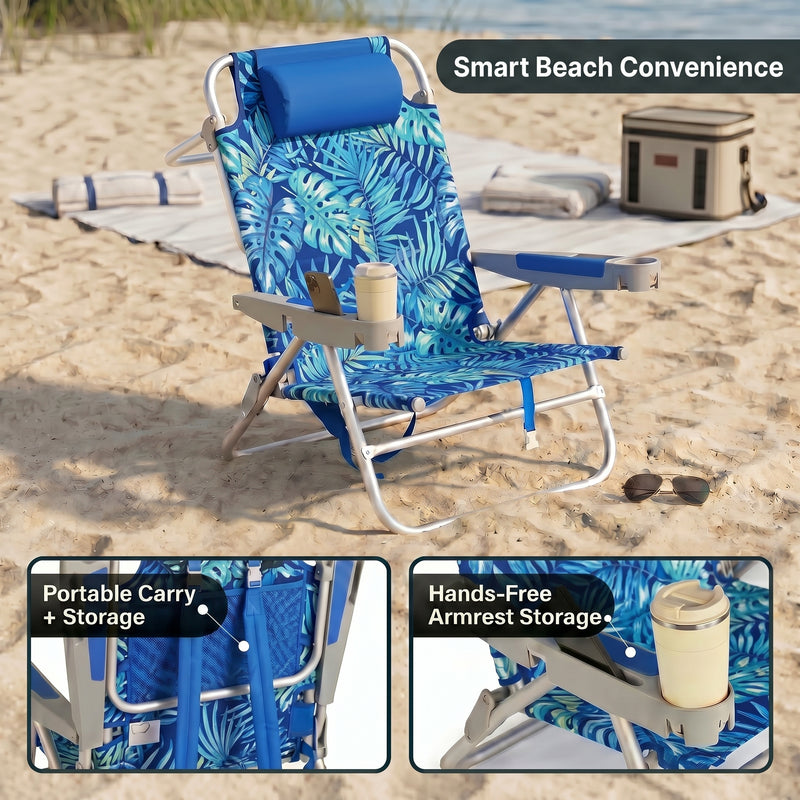 Two reclining backpack beach chairs on the beach highlighting the 5-position recline, the side storage pocket holding keys and a phone, and the padded neck pillow