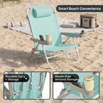 Two reclining backpack beach chairs on the beach highlighting the 5-position recline, the side storage pocket holding keys and a phone, and the padded neck pillow