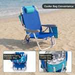 A backpack beach chair on the sand with close-up views of the folded backpack straps and the removable cooler bag holding bottled water and ice