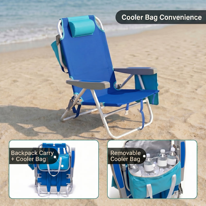 A backpack beach chair on the sand with close-up views of the folded backpack straps and the removable cooler bag holding bottled water and ice