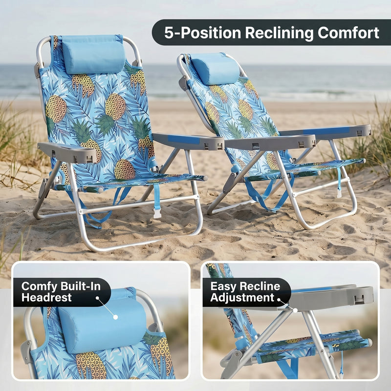 A backpack beach chair on the sand with close-up views of the folded backpack straps and the removable cooler bag holding bottled water and ice