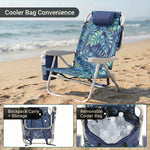 A backpack beach chair on the sand with close-up views of the folded backpack straps and the removable cooler bag holding bottled water and ice