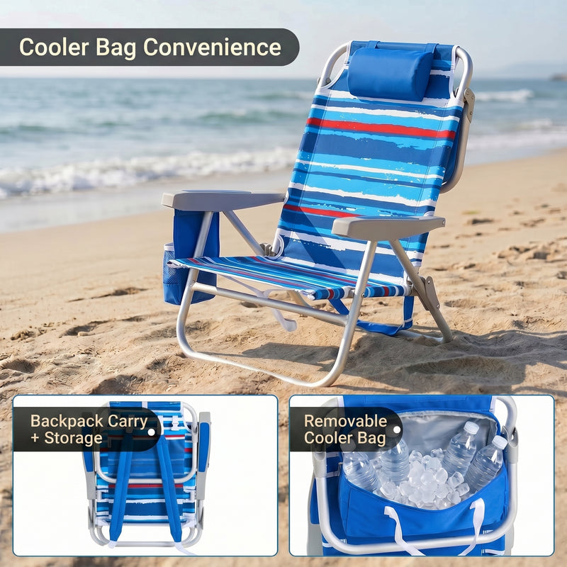 A backpack beach chair on the sand with close-up views of the folded backpack straps and the removable cooler bag holding bottled water and ice