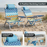 A backpack beach chair on the sand with close-up views of the folded backpack straps and the removable cooler bag holding bottled water and ice