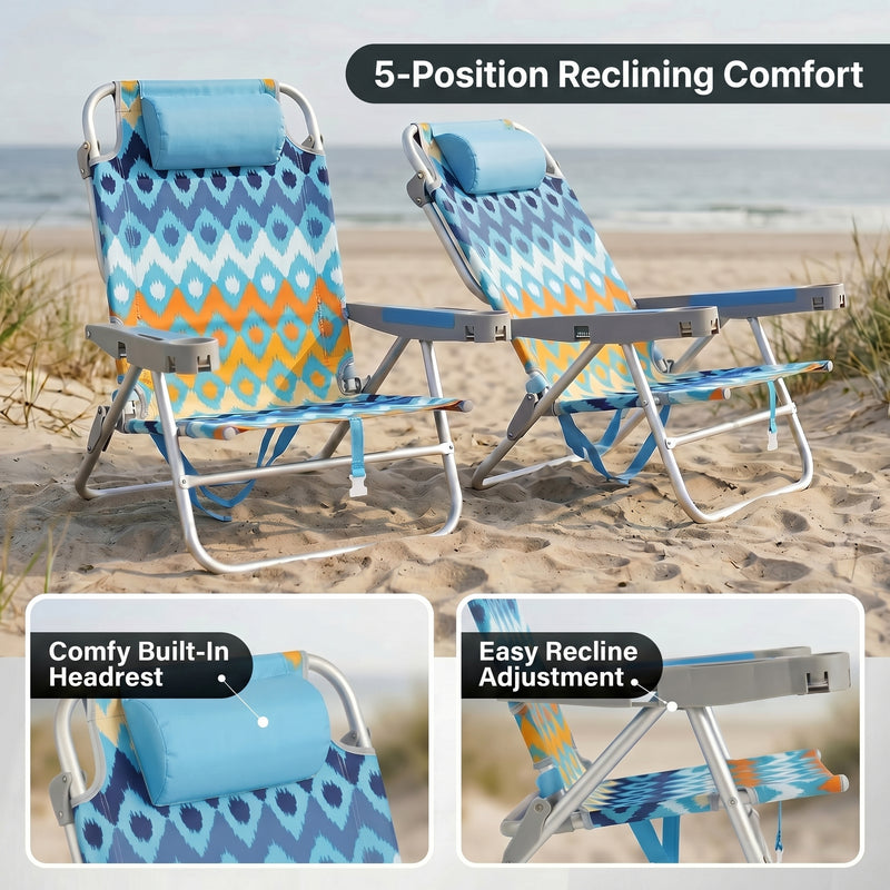 A backpack beach chair on the sand with close-up views of the folded backpack straps and the removable cooler bag holding bottled water and ice