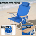 A backpack beach chair on the sand with close-up views of the folded backpack straps and the removable cooler bag holding bottled water and ice