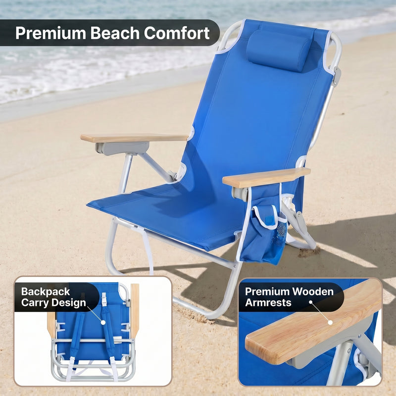 A backpack beach chair on the sand with close-up views of the folded backpack straps and the removable cooler bag holding bottled water and ice