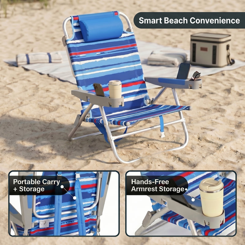A backpack beach chair on the sand with close-up views of the folded backpack straps and the removable cooler bag holding bottled water and ice