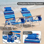 A backpack beach chair on the sand with close-up views of the folded backpack straps and the removable cooler bag holding bottled water and ice
