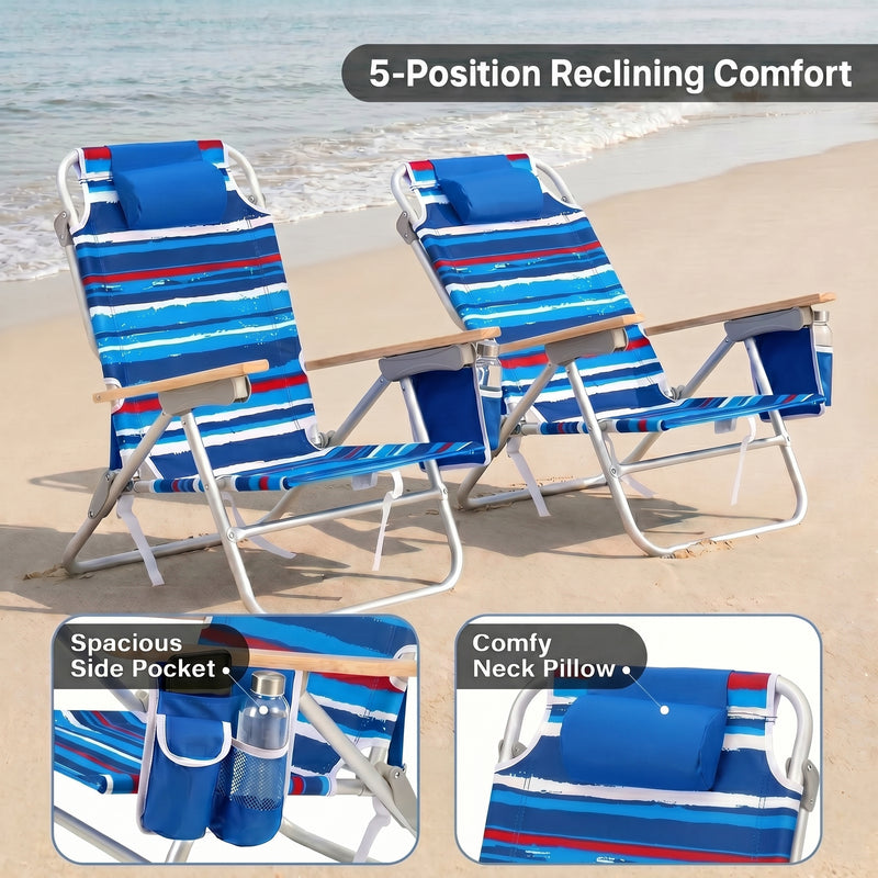A backpack beach chair on the sand with close-up views of the folded backpack straps and the removable cooler bag holding bottled water and ice