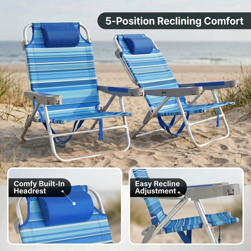 A backpack beach chair on the sand with close-up views of the folded backpack straps and the removable cooler bag holding bottled water and ice