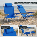 A backpack beach chair on the sand with close-up views of the folded backpack straps and the removable cooler bag holding bottled water and ice