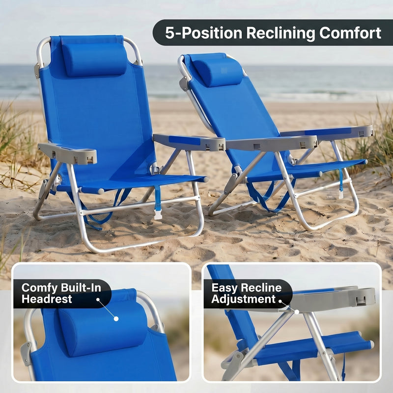 A backpack beach chair on the sand with close-up views of the folded backpack straps and the removable cooler bag holding bottled water and ice
