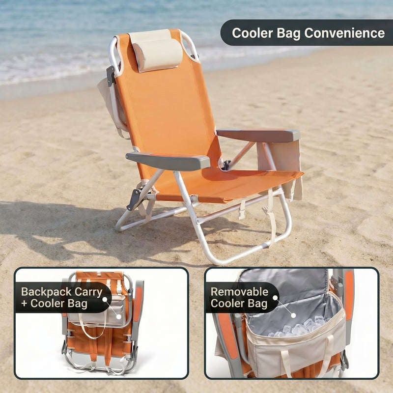 A backpack beach chair on the sand with close-up views of the folded backpack straps and the removable cooler bag holding bottled water and ice