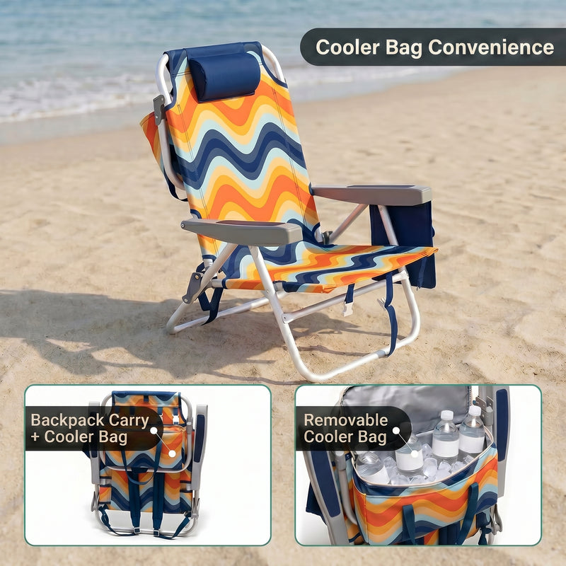 A backpack beach chair on the sand with close-up views of the folded backpack straps and the removable cooler bag holding bottled water and ice