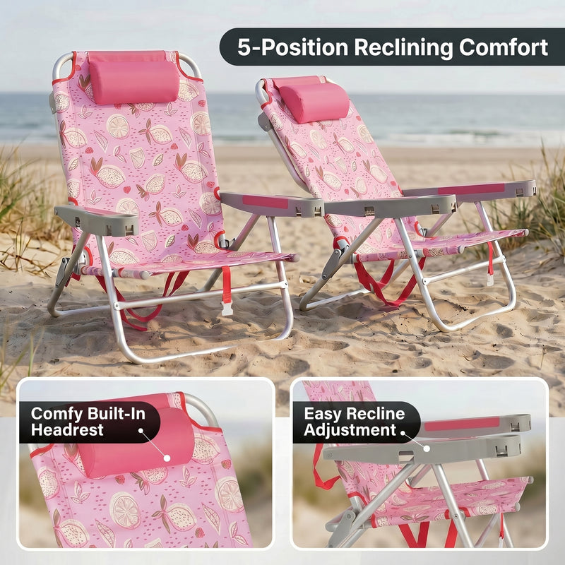 A backpack beach chair on the sand with close-up views of the folded backpack straps and the removable cooler bag holding bottled water and ice