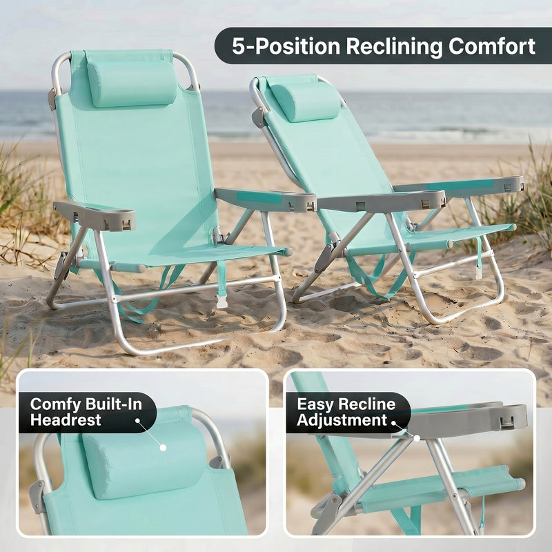 A backpack beach chair on the sand with close-up views of the folded backpack straps and the removable cooler bag holding bottled water and ice