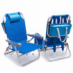 Front and back view of the backpack beach chair in light blue stripe, showing the reclined seat, padded headrest, gray armrests, and buckled backpack straps