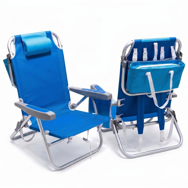 Front and back view of the backpack beach chair in light blue stripe, showing the reclined seat, padded headrest, gray armrests, and buckled backpack straps
