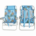 Front and back view of the backpack beach chair in light blue stripe, showing the reclined seat, padded headrest, gray armrests, and buckled backpack straps