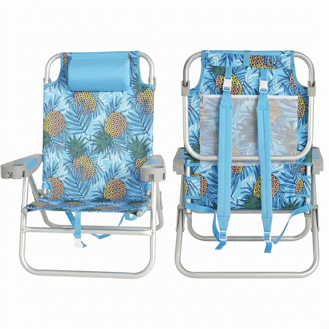 Front and back view of the backpack beach chair in light blue stripe, showing the reclined seat, padded headrest, gray armrests, and buckled backpack straps