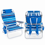 Front and back view of the backpack beach chair in light blue stripe, showing the reclined seat, padded headrest, gray armrests, and buckled backpack straps