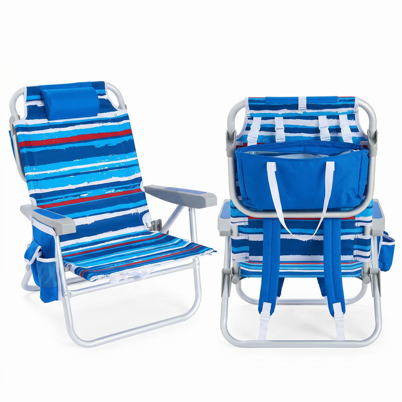 Front and back view of the backpack beach chair in light blue stripe, showing the reclined seat, padded headrest, gray armrests, and buckled backpack straps
