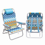 Front and back view of the backpack beach chair in light blue stripe, showing the reclined seat, padded headrest, gray armrests, and buckled backpack straps