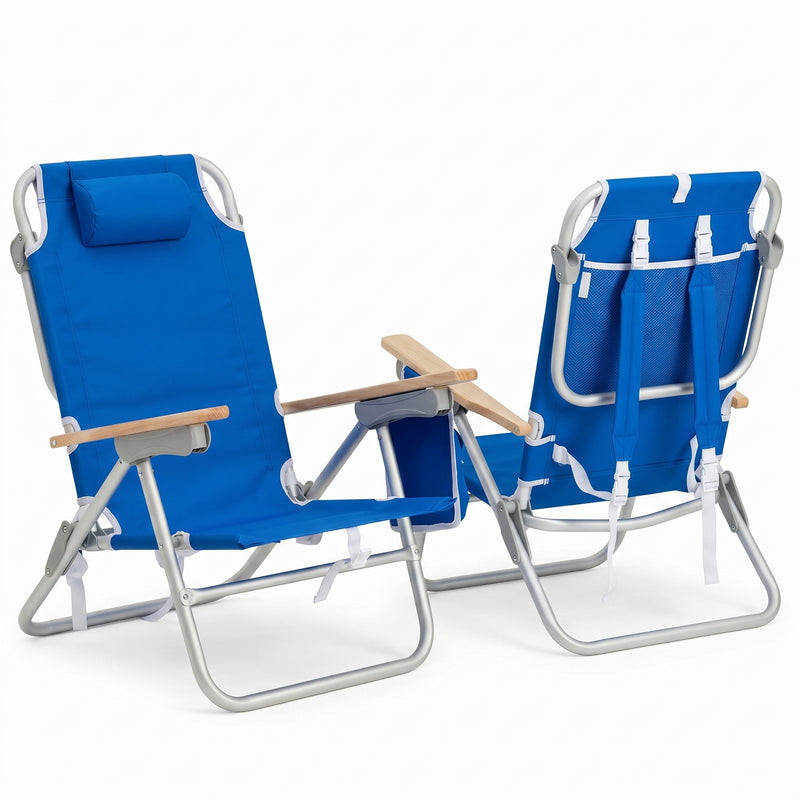 Front and back view of the backpack beach chair in light blue stripe, showing the reclined seat, padded headrest, gray armrests, and buckled backpack straps