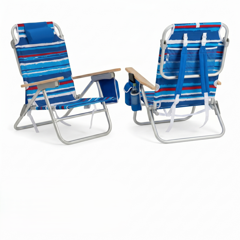 Front and back view of the backpack beach chair in light blue stripe, showing the reclined seat, padded headrest, gray armrests, and buckled backpack straps