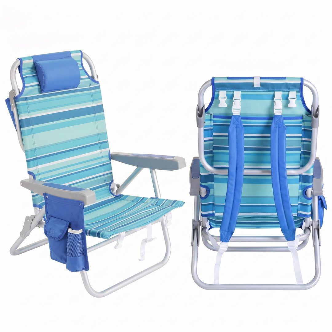 Front and back view of the backpack beach chair in light blue stripe, showing the reclined seat, padded headrest, gray armrests, and buckled backpack straps