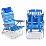 Front and back view of the backpack beach chair in light blue stripe, showing the reclined seat, padded headrest, gray armrests, and buckled backpack straps