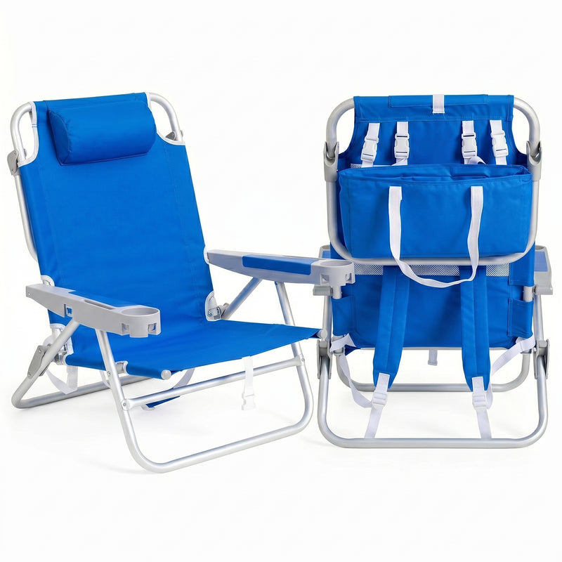 Front and back view of the backpack beach chair in light blue stripe, showing the reclined seat, padded headrest, gray armrests, and buckled backpack straps