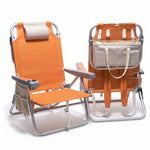 Front and back view of the backpack beach chair in light blue stripe, showing the reclined seat, padded headrest, gray armrests, and buckled backpack straps
