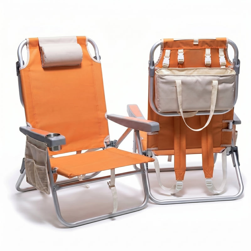 Front and back view of the backpack beach chair in light blue stripe, showing the reclined seat, padded headrest, gray armrests, and buckled backpack straps