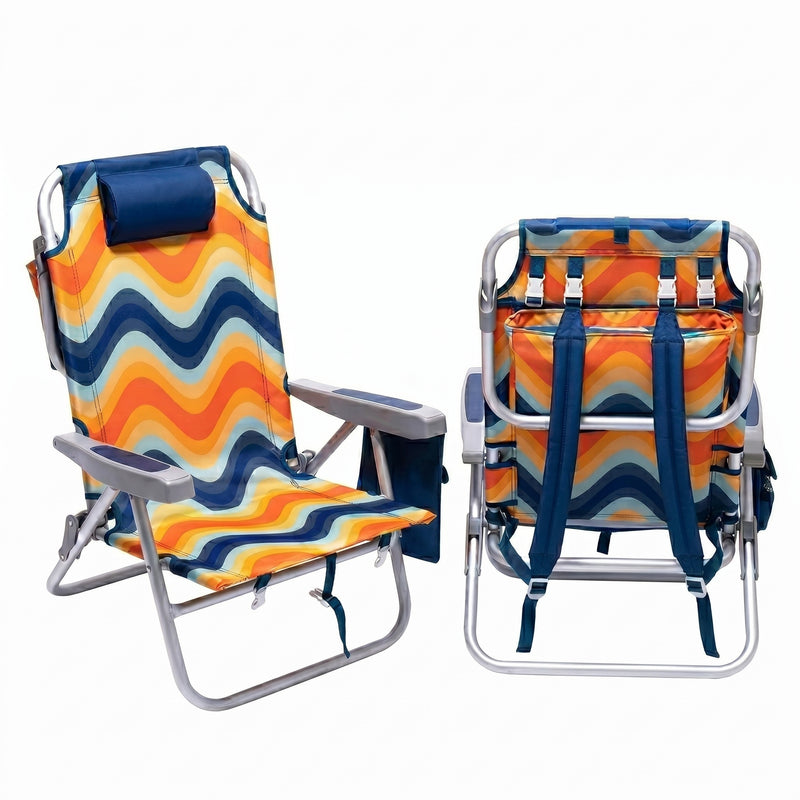 Front and back view of the backpack beach chair in light blue stripe, showing the reclined seat, padded headrest, gray armrests, and buckled backpack straps