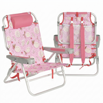 Front and back view of the backpack beach chair in light blue stripe, showing the reclined seat, padded headrest, gray armrests, and buckled backpack straps