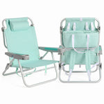 Front and back view of the backpack beach chair in light blue stripe, showing the reclined seat, padded headrest, gray armrests, and buckled backpack straps