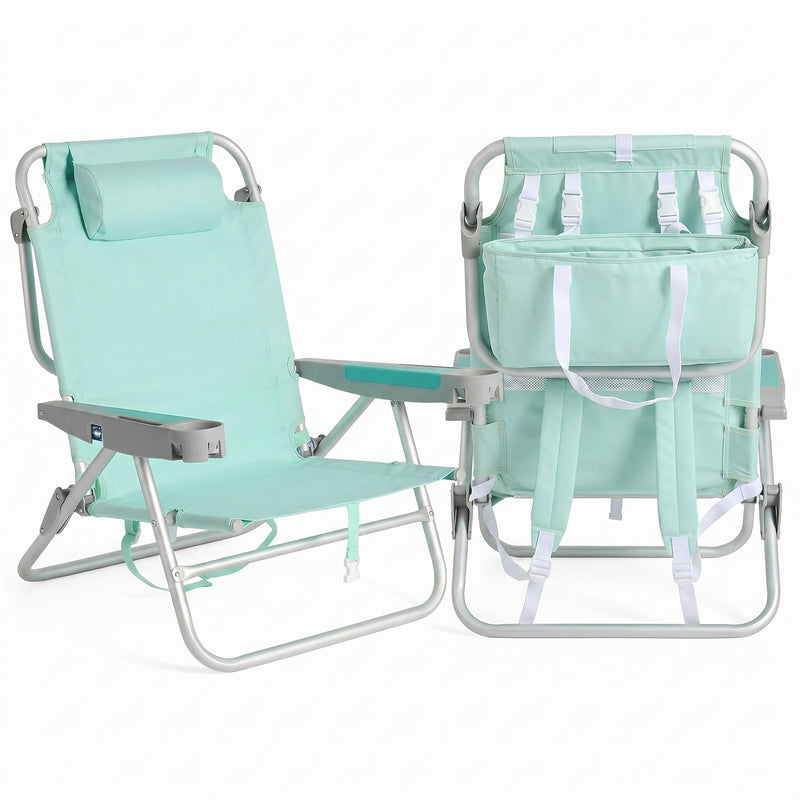 Front and back view of the backpack beach chair in light blue stripe, showing the reclined seat, padded headrest, gray armrests, and buckled backpack straps