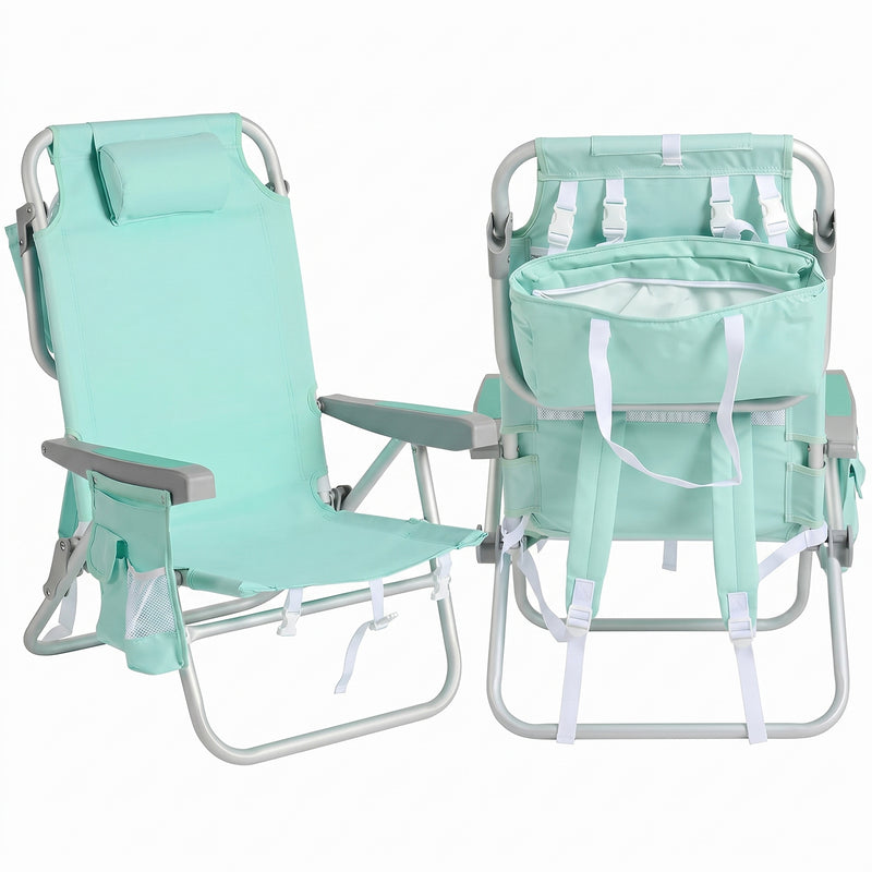 Front and back view of the backpack beach chair in light blue stripe, showing the reclined seat, padded headrest, gray armrests, and buckled backpack straps
