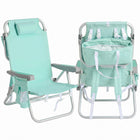 Front and back view of the backpack beach chair in light blue stripe, showing the reclined seat, padded headrest, gray armrests, and buckled backpack straps