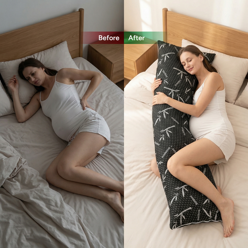 Premium Queen and King size bamboo pillow feature icons for memory foam, washable cover, hypoallergenic and breathable fabric