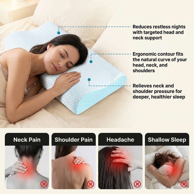 Premium Queen and King size bamboo pillow feature icons for memory foam, washable cover, hypoallergenic and breathable fabric