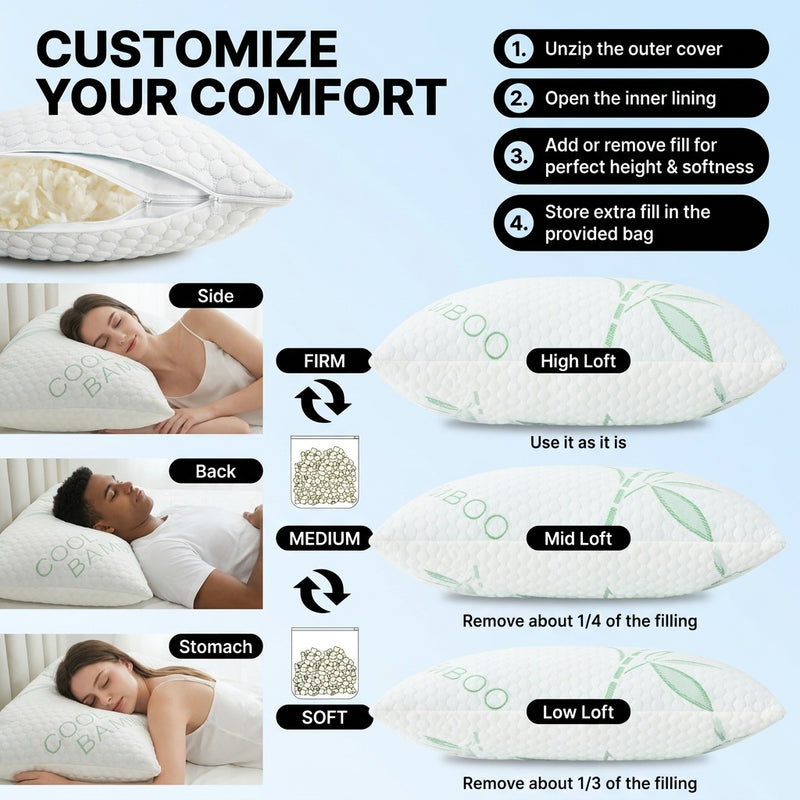 Premium Queen and King size bamboo pillow feature icons for memory foam, washable cover, hypoallergenic and breathable fabric