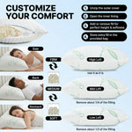 Premium Queen and King size bamboo pillow feature icons for memory foam, washable cover, hypoallergenic and breathable fabric