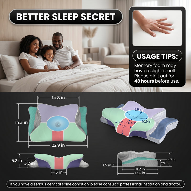 Premium Queen and King size bamboo pillow feature icons for memory foam, washable cover, hypoallergenic and breathable fabric