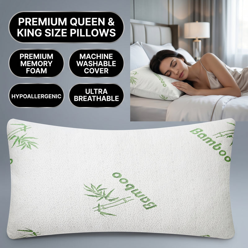 Premium Queen and King size bamboo pillow feature icons for memory foam, washable cover, hypoallergenic and breathable fabric