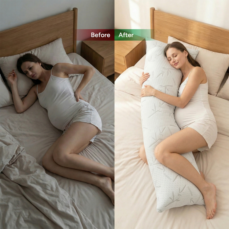 Premium Queen and King size bamboo pillow feature icons for memory foam, washable cover, hypoallergenic and breathable fabric